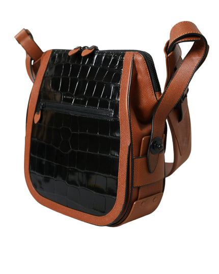 Balenciaga Black Brown Exotic Skin Leather Vertical Crossbody Purse Bag