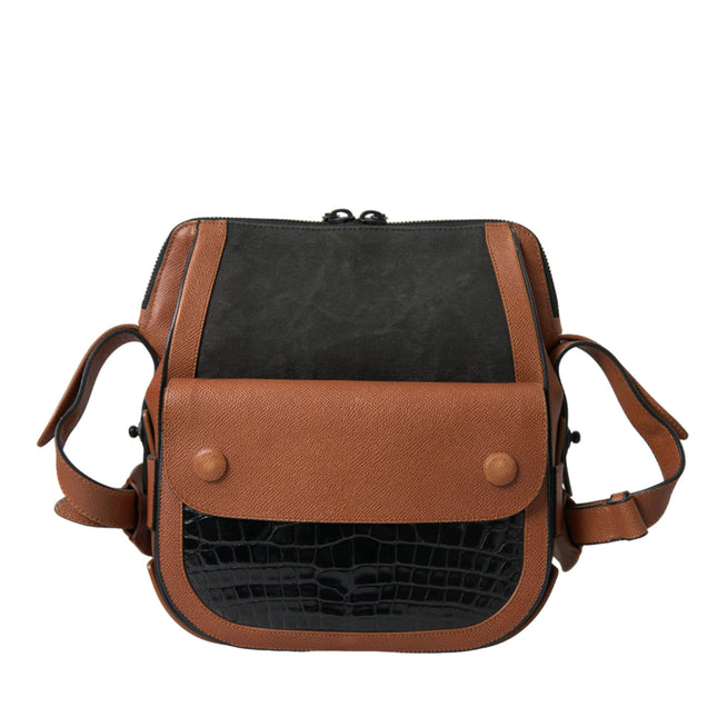 Balenciaga Black Brown Exotic Skin Leather Vertical Crossbody Purse Bag