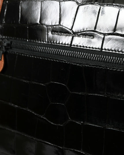 Balenciaga Black Brown Exotic Skin Leather Vertical Crossbody Purse Bag