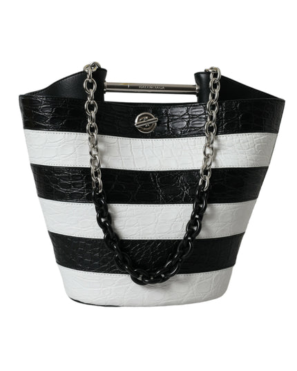 Balenciaga Black White Striped Exotic Skin Leather Maxi Bucket Tote Bag