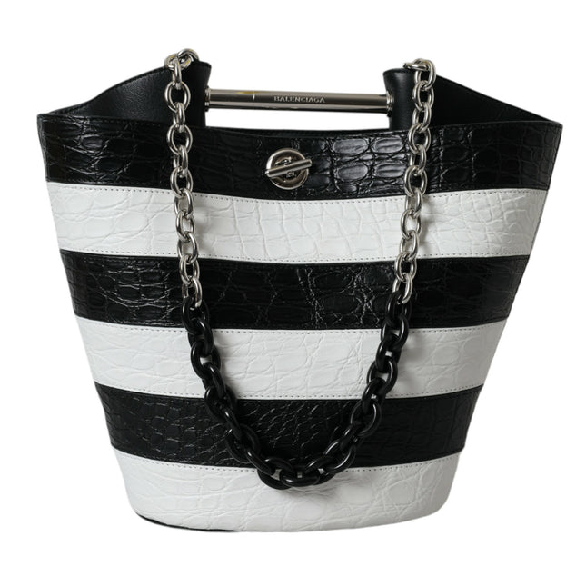 Balenciaga Black White Striped Exotic Skin Leather Maxi Bucket Tote Bag