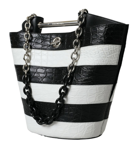 Balenciaga Black White Striped Exotic Skin Leather Maxi Bucket Tote Bag