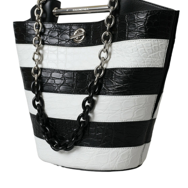 Balenciaga Black White Striped Exotic Skin Leather Maxi Bucket Tote Bag