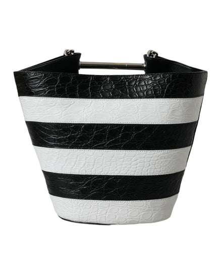 Balenciaga Black White Striped Exotic Skin Leather Maxi Bucket Tote Bag
