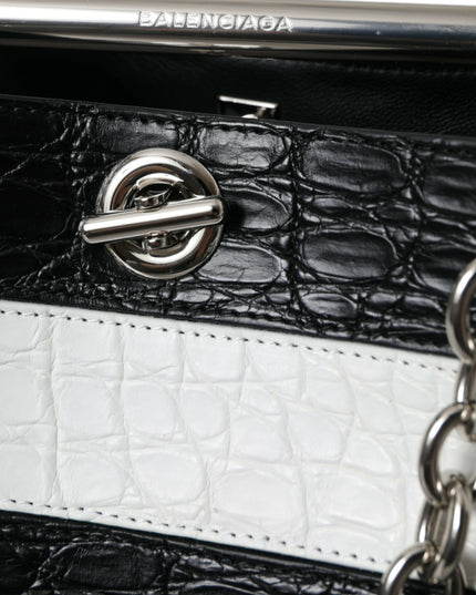 Balenciaga Black White Striped Exotic Skin Leather Maxi Bucket Tote Bag