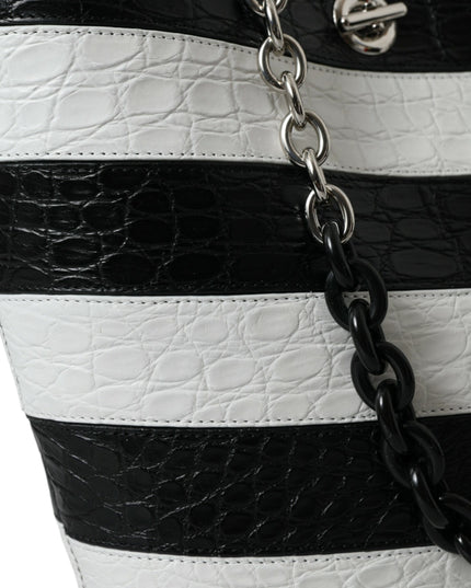 Balenciaga Black White Striped Exotic Skin Leather Maxi Bucket Tote Bag