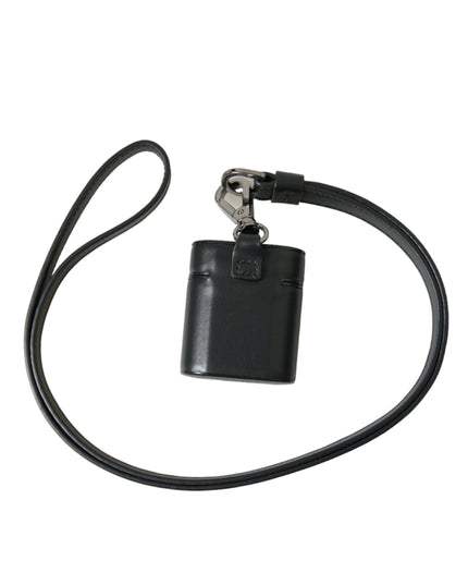 Dolce & Gabbana Black Leather Strap Silver Metal Logo Printed Airpods Case