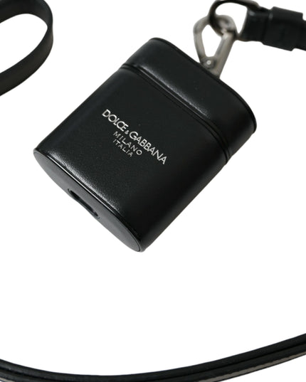 Dolce & Gabbana Black Leather Strap Silver Metal Logo Printed Airpods Case