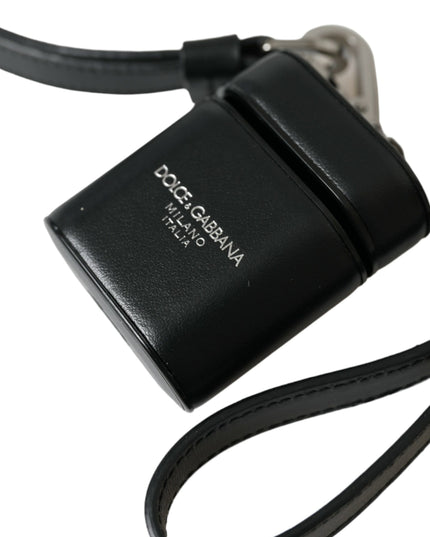Dolce & Gabbana Black Leather Strap Silver Metal Logo Printed Airpods Case