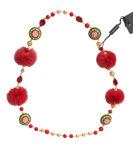 Dolce & Gabbana Gold Brass Red Fur Crystal Carretto Chain Necklace