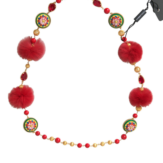 Dolce & Gabbana Gold Brass Red Fur Crystal Carretto Chain Necklace