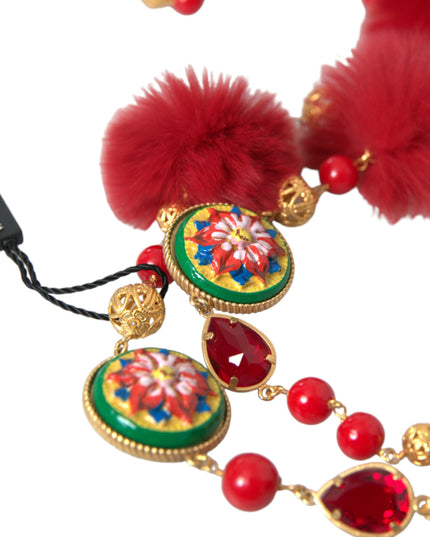 Dolce & Gabbana Gold Brass Red Fur Crystal Carretto Chain Necklace