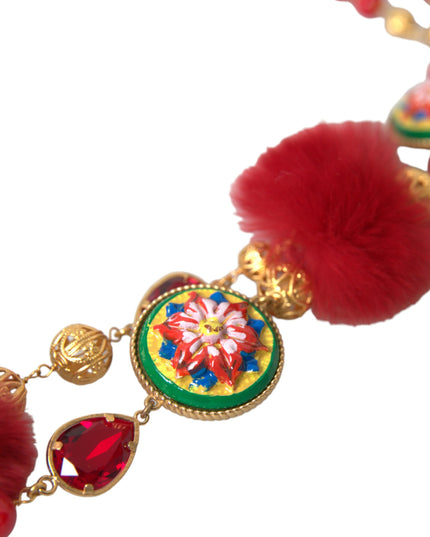 Dolce & Gabbana Gold Brass Red Fur Crystal Carretto Chain Necklace
