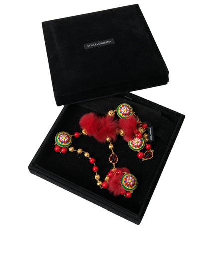 Dolce & Gabbana Gold Brass Red Fur Crystal Carretto Chain Necklace