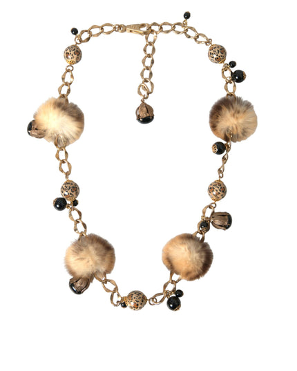Dolce & Gabbana Gold Brass Leopard Fur Pearl Collier Chain Belt