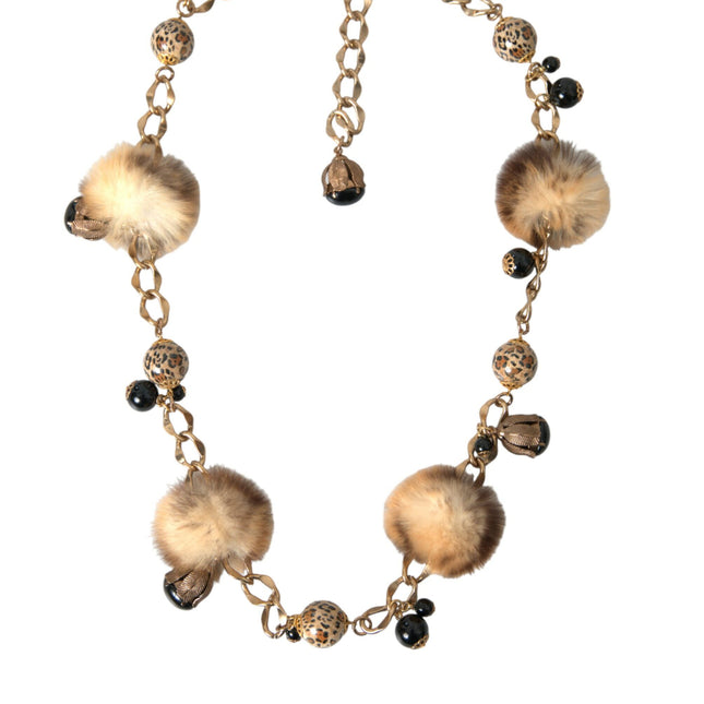 Dolce & Gabbana Gold Brass Leopard Fur Pearl Collier Chain Belt