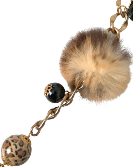 Dolce & Gabbana Gold Brass Leopard Fur Pearl Collier Chain Belt