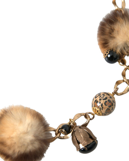 Dolce & Gabbana Gold Brass Leopard Fur Pearl Collier Chain Belt