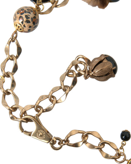Dolce & Gabbana Gold Brass Leopard Fur Pearl Collier Chain Belt