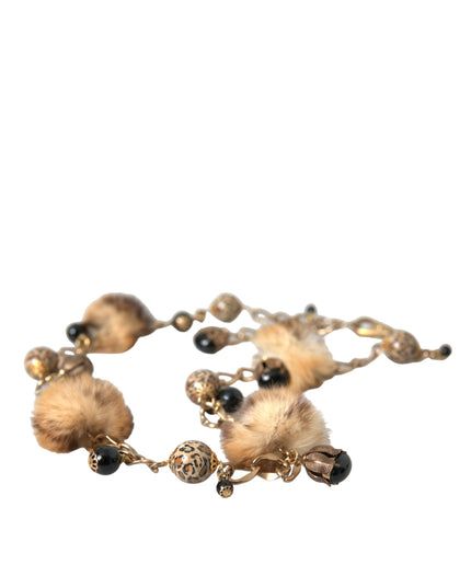 Dolce & Gabbana Gold Brass Leopard Fur Pearl Collier Chain Belt