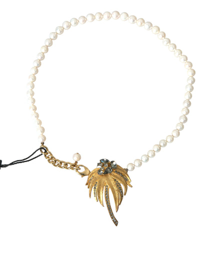 Dolce & Gabbana Gold Brass Crystal Pearl Tree Pendant Charm Necklace