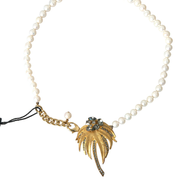 Dolce & Gabbana Gold Brass Crystal Pearl Tree Pendant Charm Necklace