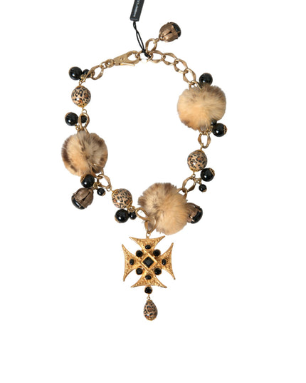 Dolce & Gabbana Gold Black Crystals Lapin Fur Filigree Chocker Necklace