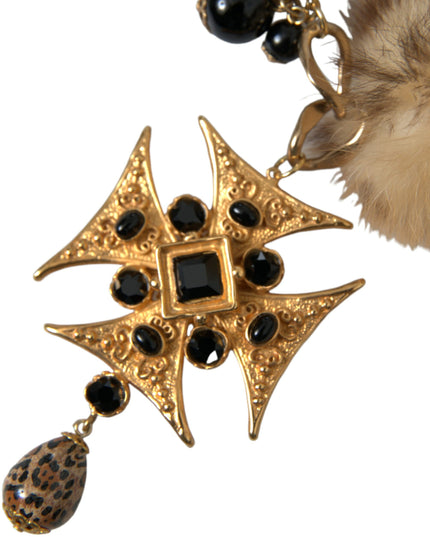 Dolce & Gabbana Gold Black Crystals Lapin Fur Filigree Chocker Necklace