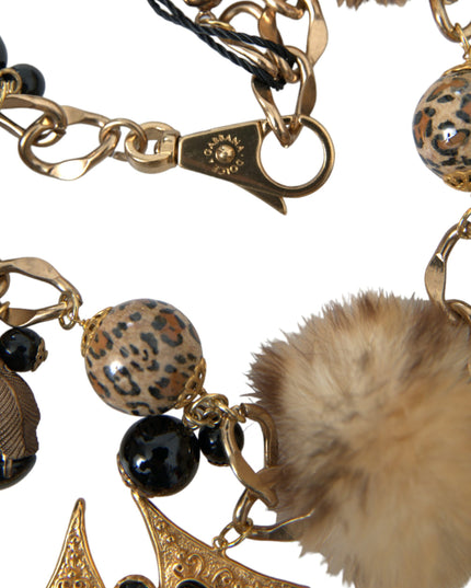 Dolce & Gabbana Gold Black Crystals Lapin Fur Filigree Chocker Necklace