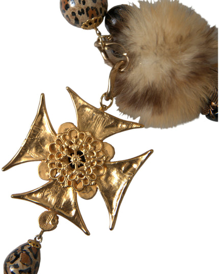 Dolce & Gabbana Gold Black Crystals Lapin Fur Filigree Chocker Necklace