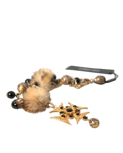 Dolce & Gabbana Gold Black Crystals Lapin Fur Filigree Chocker Necklace