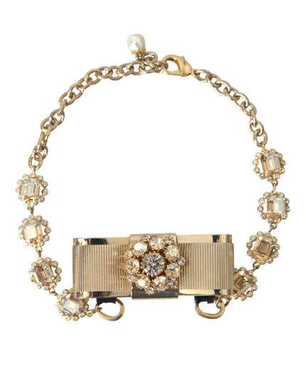 Dolce & Gabbana Gold Brass Clear Crystal Bow Chain Choker Necklace