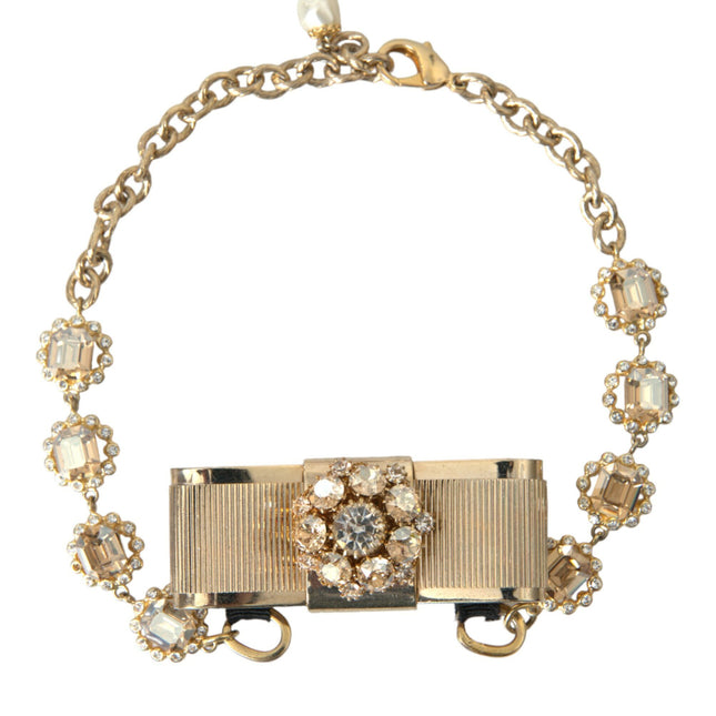 Dolce & Gabbana Gold Brass Clear Crystal Bow Chain Choker Necklace