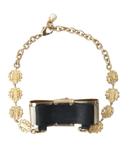 Dolce & Gabbana Gold Brass Clear Crystal Bow Chain Choker Necklace