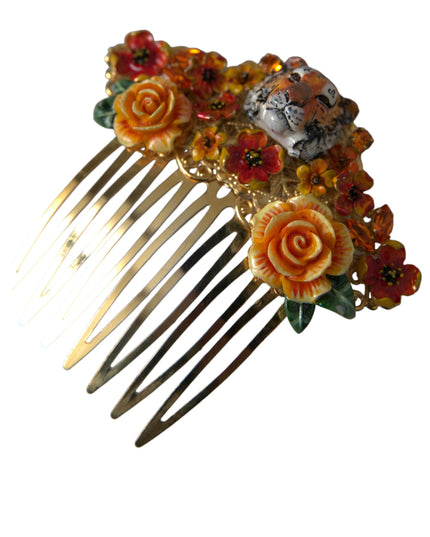 Dolce & Gabbana Gold Brass Crystal Leopard Floral Hair Comb