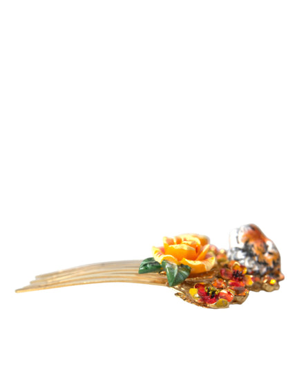 Dolce & Gabbana Gold Brass Crystal Leopard Floral Hair Comb