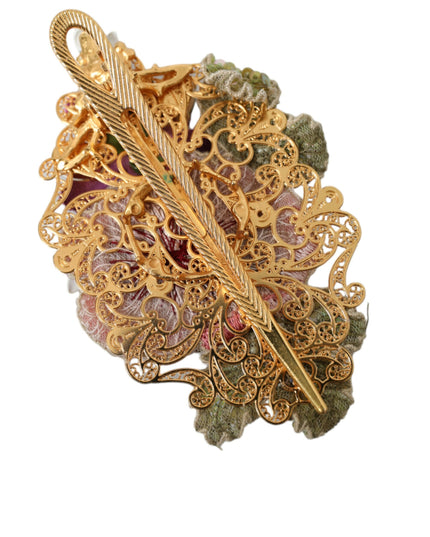 Dolce & Gabbana Gold Brass Floral Crystal Sequined Hair Clip
