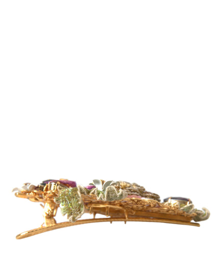 Dolce & Gabbana Gold Brass Floral Crystal Sequined Hair Clip