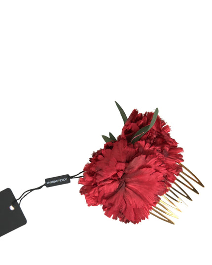 Dolce & Gabbana Red Silk Floral Gold Brass Women Hair Comb