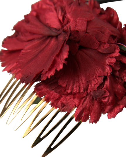 Dolce & Gabbana Red Silk Floral Gold Brass Women Hair Comb