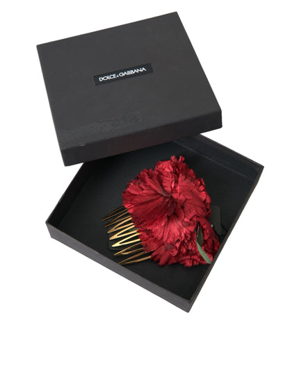 Dolce & Gabbana Red Silk Floral Gold Brass Women Hair Comb
