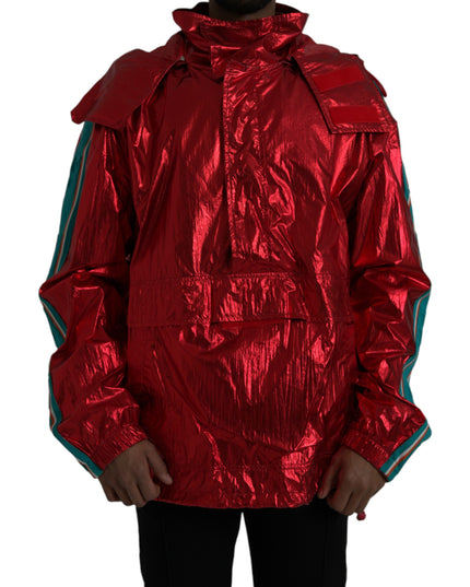 Dolce & Gabbana Red Nylon Hooded Pullover Sweatshirt Jacket