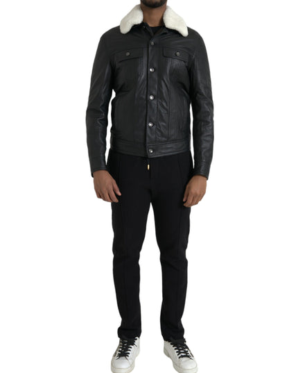 Dolce & Gabbana Black Leather Fur Collar Biker Coat Jacket