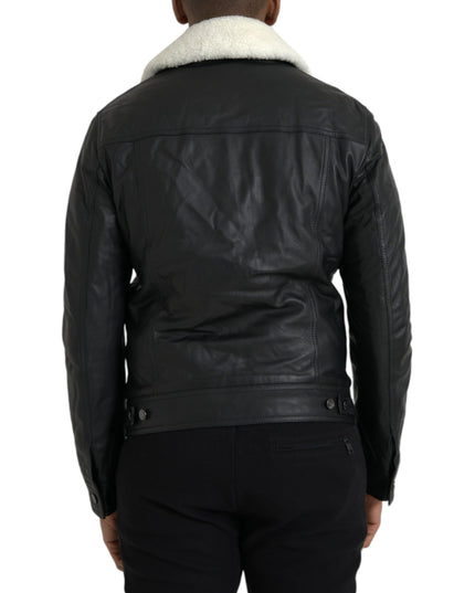 Dolce & Gabbana Black Leather Fur Collar Biker Coat Jacket