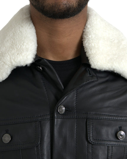 Dolce & Gabbana Black Leather Fur Collar Biker Coat Jacket