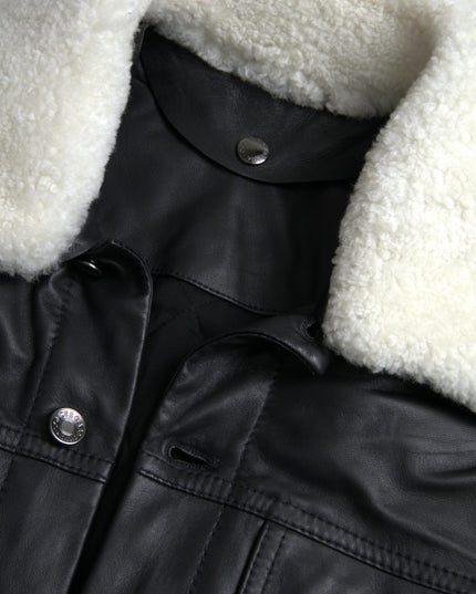 Dolce & Gabbana Black Leather Fur Collar Biker Coat Jacket