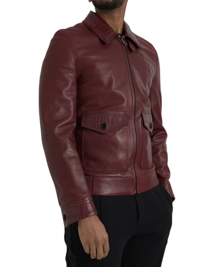 Dolce & Gabbana Maroon Exotic Leather Zip Biker Coat Jacket