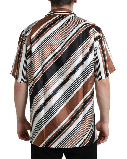 Dolce & Gabbana Brown White Silk Striped Short Sleeve Shirt