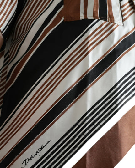 Dolce & Gabbana Brown White Silk Striped Short Sleeve Shirt