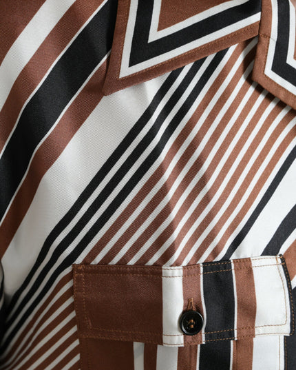 Dolce & Gabbana Brown White Silk Striped Short Sleeve Shirt